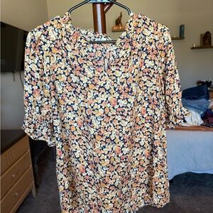 Pleione Navy Floral Blouse Size L Ruffle Neck Short Sleeve